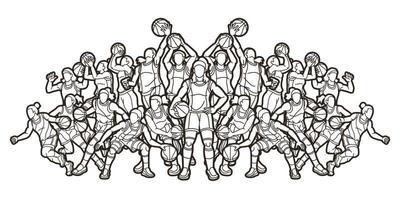 Outline Group of Basketball Female Players Action vector