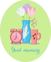 vector ilustración Mañana café, alarma reloj y florero de flores