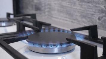 el azul fuego de natural gas quemaduras en un gas cocina. ruso gas video