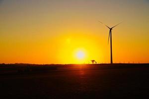 en tierra viento turbina en un prado a puesta de sol. renovable energía. limpiar electricidad foto