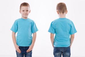 Shirt design and people concept - close up of young man in blank blue tshirt front and rear isolated. Mock up template for design print photo