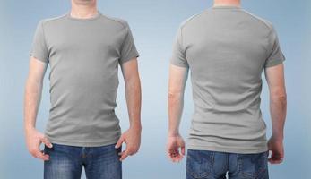 Shirt design and people concept - close up of man in blank white t-shirt front and rear isolated. Clean empty mock up tamplate for design set. photo