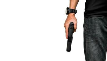 aislado 9 mm pistola pistola participación en Derecha mano de pistola tirador con recorte caminos.