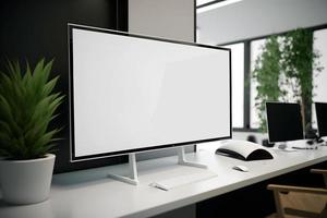 Blank white wide LED screen mockup in office environment, empty space for advertisement, Modern open plan office space interior generative ai, LED tv white screen in business room with copy space. photo