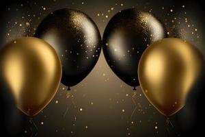 3d black and golden balloons with some confetti particles in air background , generative ai, festival celebration background concept, Free Photo