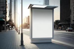 Empty space advertisement board, blank white signboard on roadside in city. Free Photo