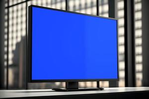 side view of an isolated lcd screen on a desk in room photo