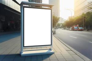 Empty space advertisement billboard, blank white signboard on roadside in city, verticle standing billboard on footpath photo