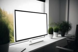 lado ver de vacío lcd pantalla Bosquejo en oficina con interior plantas en mesa, blanco pantalla Bosquejo interior, blanco vacío interior LED pantalla Bosquejo