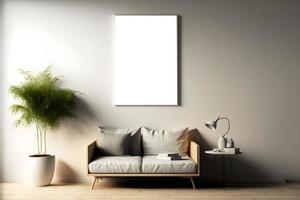 Empty picture frame mockup with sofa, pillows and indoor plants, blank indoor photo frame mockup, generative ai, Free Photo