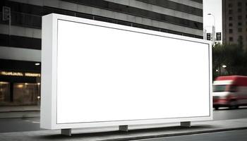 Empty wide space advertisement board, blank white signboard on roadside in city, empty billboard near road, billboard mockup near traffic moving in the background. Free Photo