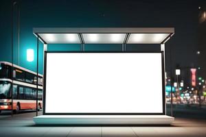 Modern Empty space advertisement board, blank white signboard in city in night, Bus stand empty billboard in night, Marketing banner ad space in city, Advertisement billboard on bus stand in city photo