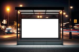 Modern Empty space advertisement board, blank white signboard in city in night, Bus stand empty billboard in night, Marketing banner ad space in city, Advertisement billboard on bus stand in city photo