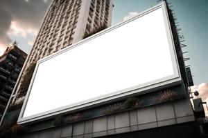 Blank landscape billboard on wall with buildings in background, Empty billboard on building , advertisement space for your marketing or promotion, Outdoor billboard in modern city. Free Photo