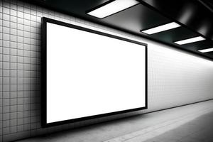 Wide horizontal empty space billboard at wall in underground subway, empty space for ad banner in subway, empty billboard near underground train station, subway billboard mockup, Free Photo