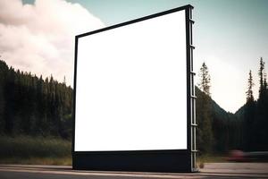 Modern Empty space advertisement board, blank white signboard in city,Bus Stop empty billboard, Marketing banner ad space in city, Advertisement billboard on bus stand in city photo