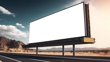 vacío anuncio espacio en carretera, autopista publicidad cartelera con claro azul cielo fondo, blanco cartelera en el autopista borde del camino, grande horizontal Anuncio sitio para márketing bandera foto