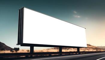 vacío anuncio espacio en carretera, autopista publicidad cartelera con claro azul cielo fondo, blanco cartelera en el autopista borde del camino, grande horizontal Anuncio sitio para márketing bandera foto