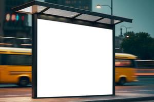 Modern Empty space advertisement board, blank white signboard in city in night, Bus stand empty billboard in night, Marketing banner ad space in city, Advertisement billboard on bus stand in city photo