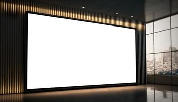 transparente lcd televisión pantalla Bosquejo en moderno interior, realista 3d lado ver de presentación pantalla en moderno oficina ambiente, moderno interior con amplio LED pantalla Bosquejo foto