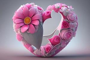 rosado corazón con blanco flores 3d ilustración. San Valentín día. foto