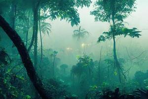 Fantasy foggy jungle under neon light illustration photo