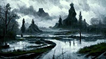 dark fantasy style landscape in rain. Abstract illustration art photo