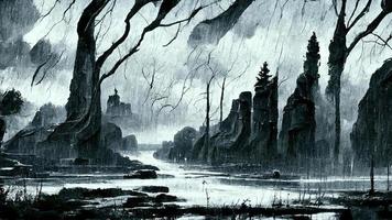 dark fantasy style landscape in rain. Abstract illustration art photo