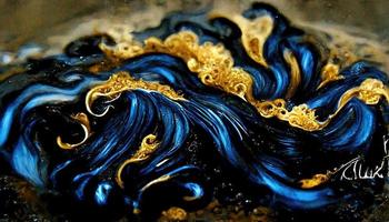 Abstract illustration alcohol ink with gold and blue color on marble photo