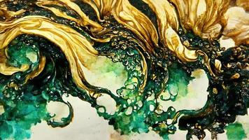 Abstract illustration alcohol ink with gold and green color on marble photo