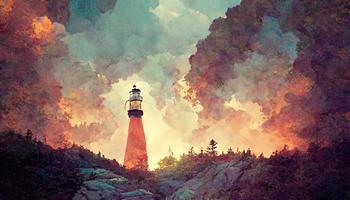 Lighthouse against a beautiful sky with clouds illustration design photo