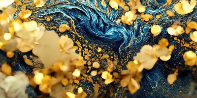 Mixing acrylic paint marble plate gold flakes gold dust illustration design photo