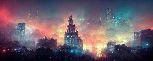 noche paisaje urbano en neón ligero y nubes foto