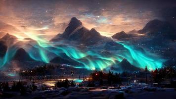 northern lights over the sea snowy mountains and city. Abstract illustration art photo