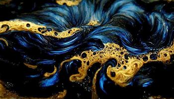 Abstract illustration alcohol ink with gold and blue color on marble photo