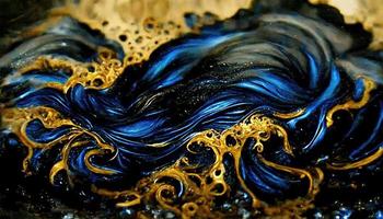 Abstract illustration alcohol ink with gold and blue color on marble photo