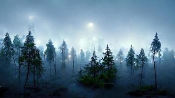 Gloomy forest in the fog at night photo