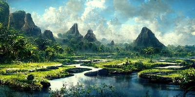 Remains of an ancient civilization in the mystical jungle illustration photo