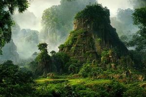 Remains of an ancient civilization in the mystical jungle illustration photo