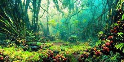 Fantasy foggy jungle under neon light illustration photo