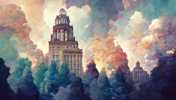 Tall buildings in colorful clouds illustration design photo