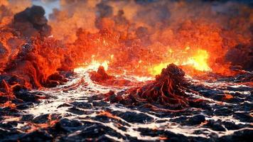 Ocean waves with lava and fire, dark smoke rises to the top. photo