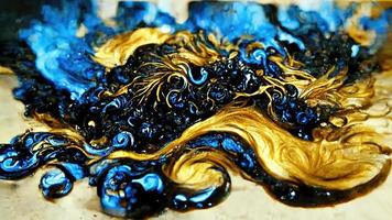 Abstract illustration alcohol ink with gold and blue color on marble photo