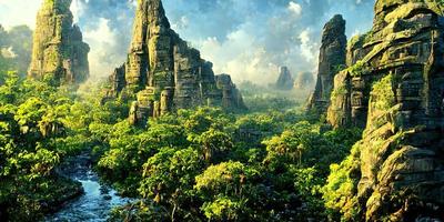 Remains of an ancient civilization in the mystical jungle illustration photo