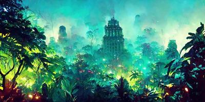 Fantasy foggy jungle under neon light illustration photo
