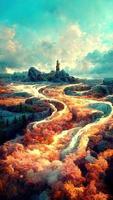 fantastic plot with a path of trees and clouds leading to the tower photo