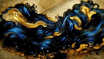 Abstract illustration alcohol ink with gold and blue color on marble photo