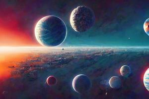 Space with many planets and stars illustration photo