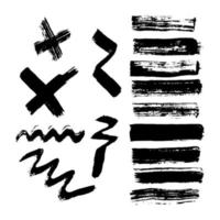 Black grunge brush strokes. Big set of painted brush ink wave lines, stripes and crosses. Ink spot isolated on white background. Vector illustration