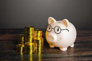 Piggy bank with glasses by stacks of coins. Accounting audit. Make a lot of money with your mind. Education and study. Profitable investments, earn more. Financial literacy. Sponsoring and grants. photo